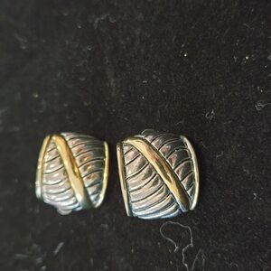 Vintage Two-Tone Silver and GoldfPattern Hoop Huggie Clip On Earrings Signed CDP